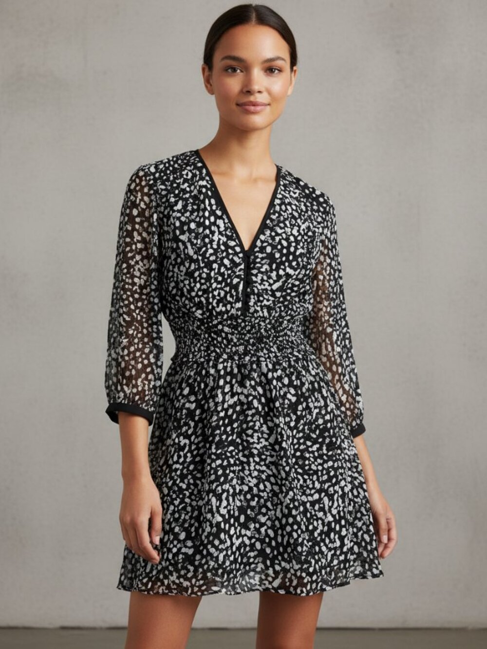 NWOT The Kooples Grunge Leopard Mini Dress Black Smocked Waist Button XS/0 $345